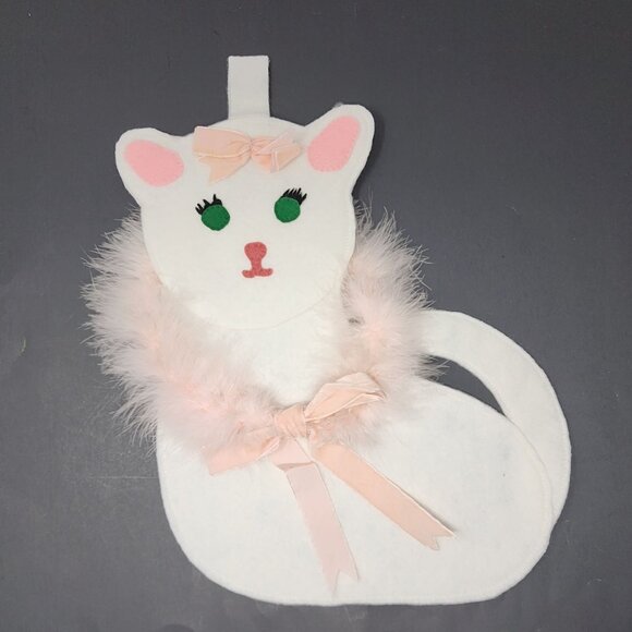 Vintage 1960s Handmade Felt Christmas Stocking Kitten Cat Feathers Pink Ribbon - Picture 2 of 9